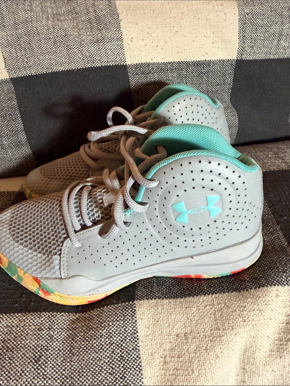 Under Armour Youth Gray & Teal Mid-Top Athletic Sneakers